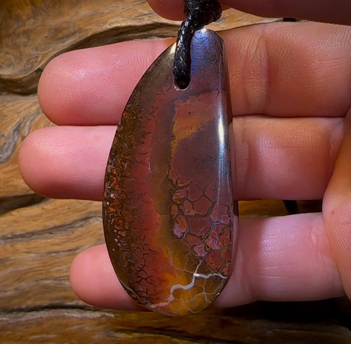 53 x 26mm - Drilled Boulder Opal Pendant w/ Eco Friendly Vegan Cord Cool Pattern Great Polish