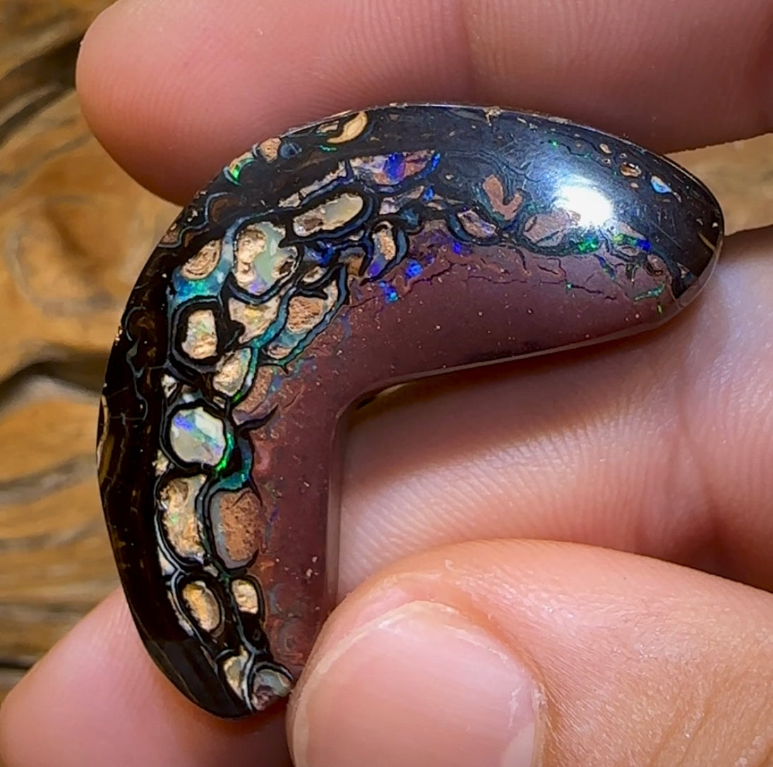 59.8cts - “Tribal Boomerang” Koroit Opal. Double Sided - Opal Whisperers