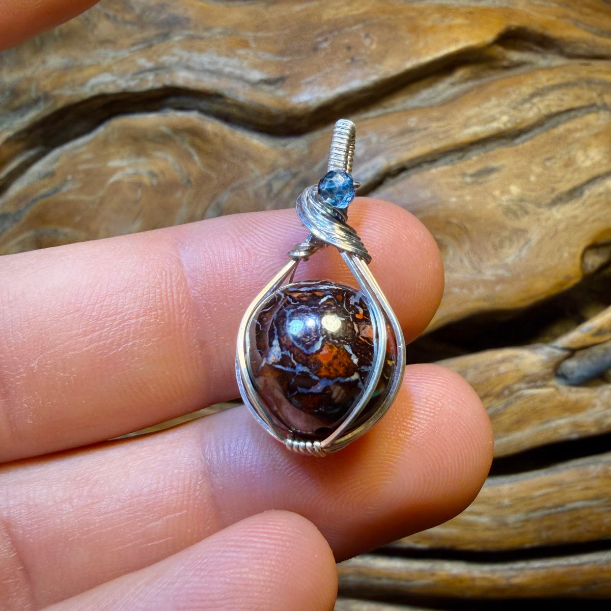 TGIF Sterling Silver - Yowah Nut Opal Bead Pendant with Blue Topaz