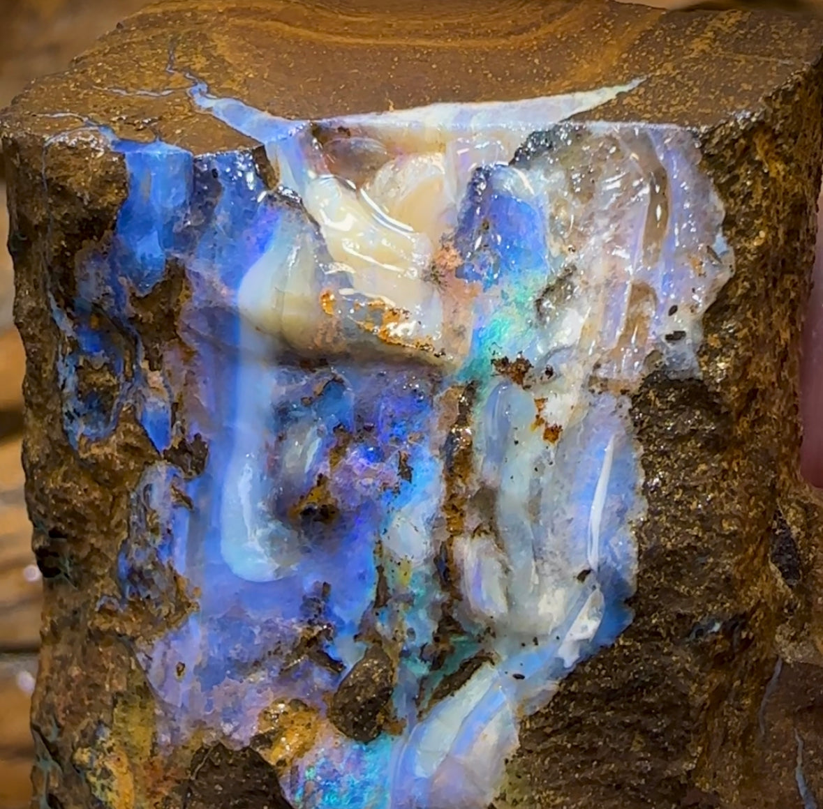 383.5cts - Australian Boulder Opal Rough Preform. Natural Split - Opal Whisperers