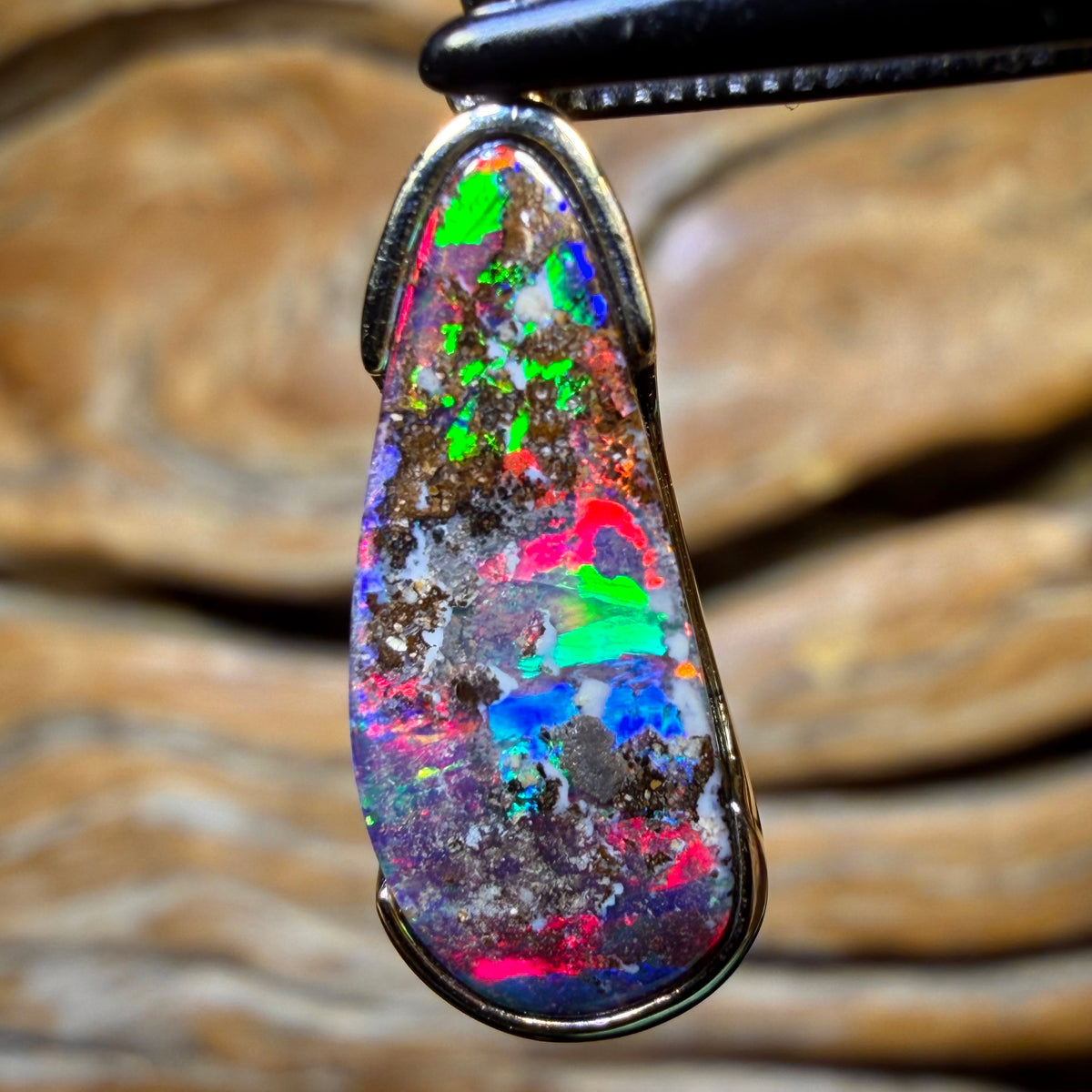 14k Gold - Solid Top Queensland Boulder Opal Pendant Magenta Magic