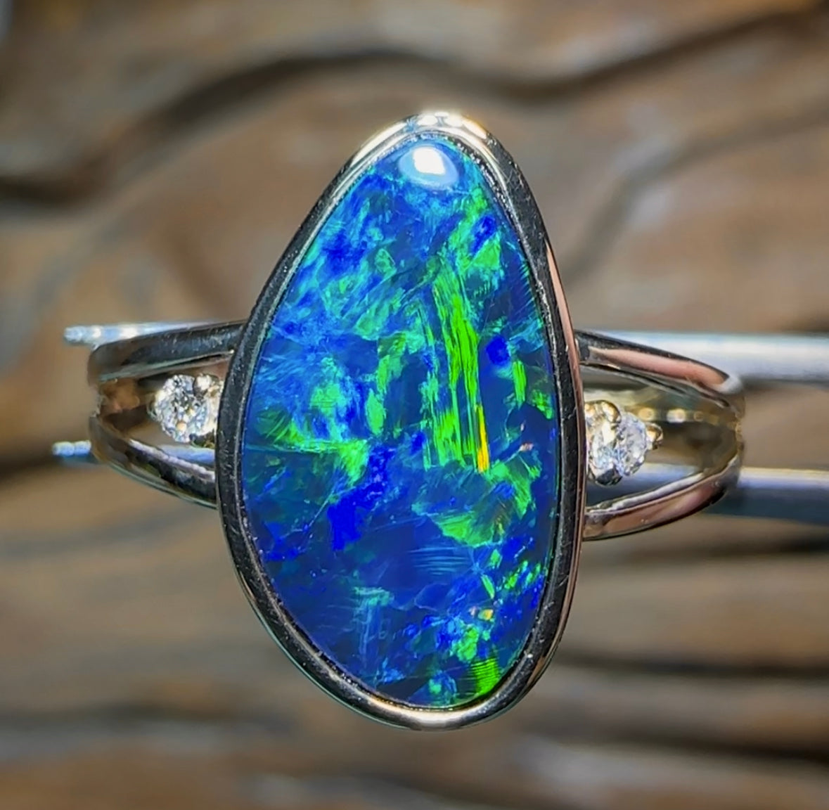 14k Gold Queensland Boulder Doublet Opal Ring with Diamonds