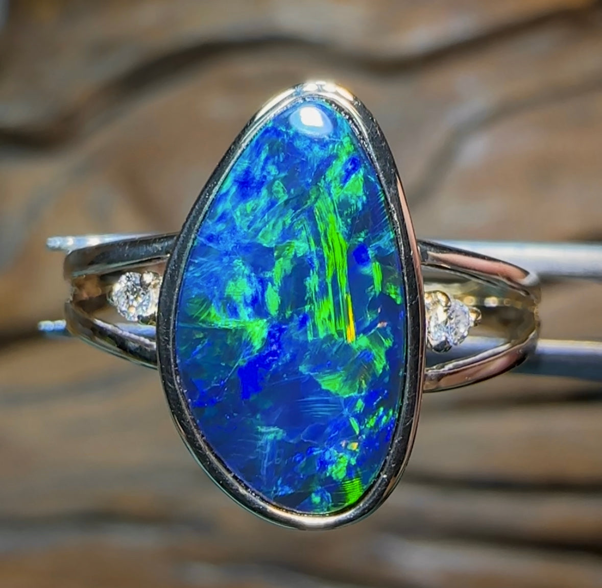14k Gold - Queensland Boulder Doublet Opal Ring with Diamonds - Opal Whisperers