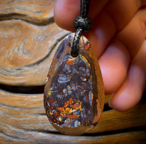 40 x 24mm - “Flames surround it” Drilled Boulder Opal Pendant w/ Eco Friendly Vegan Cord