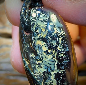 33 x 18mm - Black Tribal Drilled Boulder Opal Pendant w/ Eco Friendly Vegan Cord