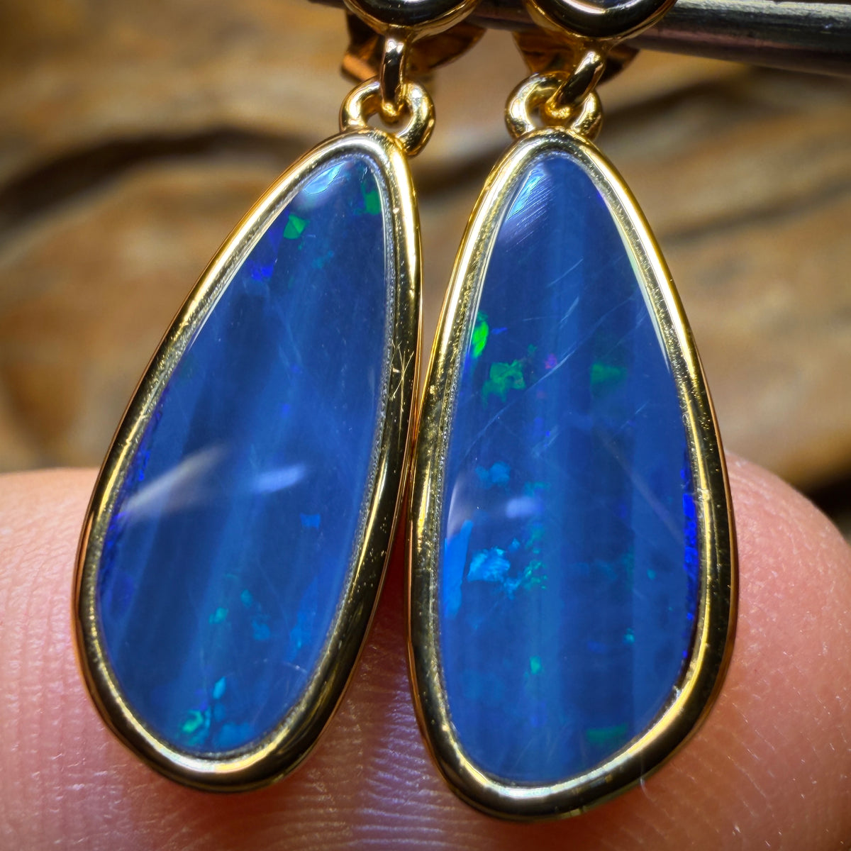 Wild Card! Sterling Silver Gold Plated  - Australian Boulder Opal Doublet Drop Stud Earrings Unique 4 Stone Limited Edition