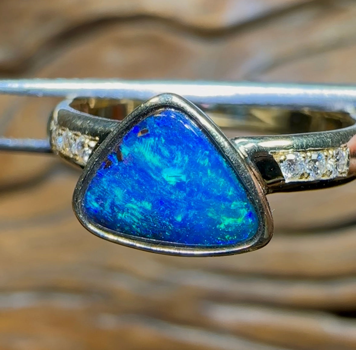 14k Gold - Solid Queensland Boulder Opal Ring with Diamonds - Opal Whisperers