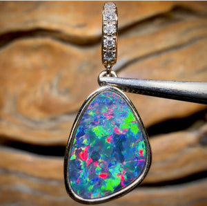 14k Gold - Queensland Boulder Opal Doublet Pendant Top Red Multi Fire New 2026 Diamonds