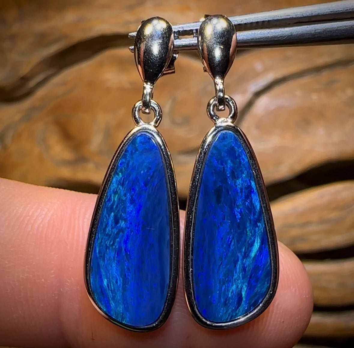 Sterling Silver - Australian Boulder Opal Doublet Drop Stud Earrings