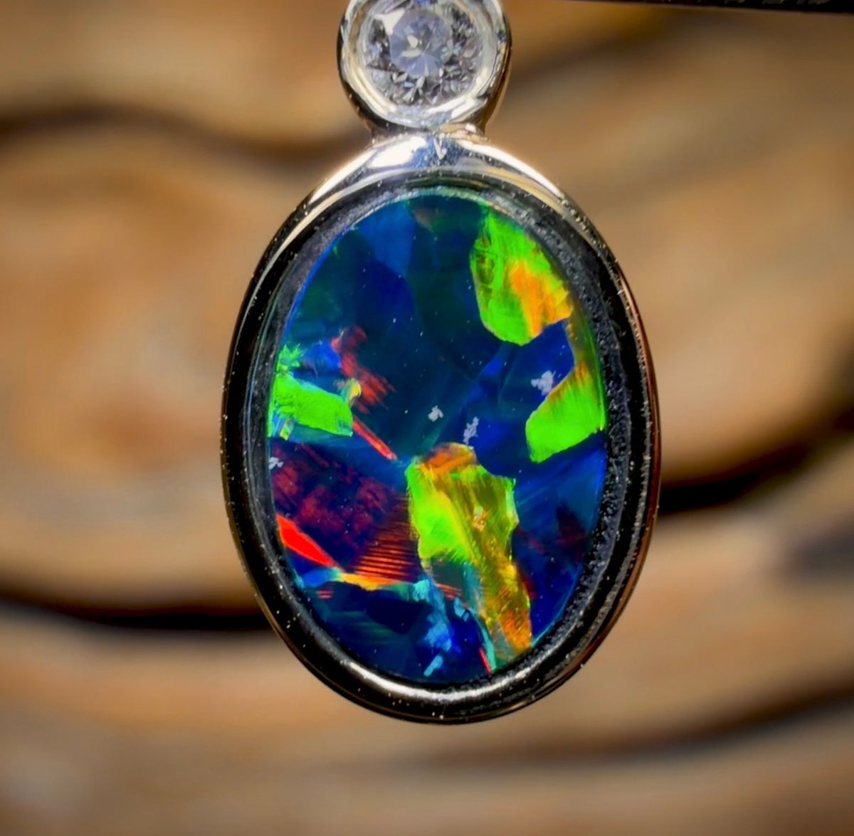 14k Gold - Queensland Boulder Opal Doublet Pendant Top Pattern Electric Colour Diamond