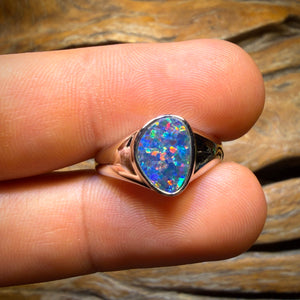 Top Multi Fire Unisex Sterling Silver - Queensland Boulder Opal Doublet Ring HALF PRICE