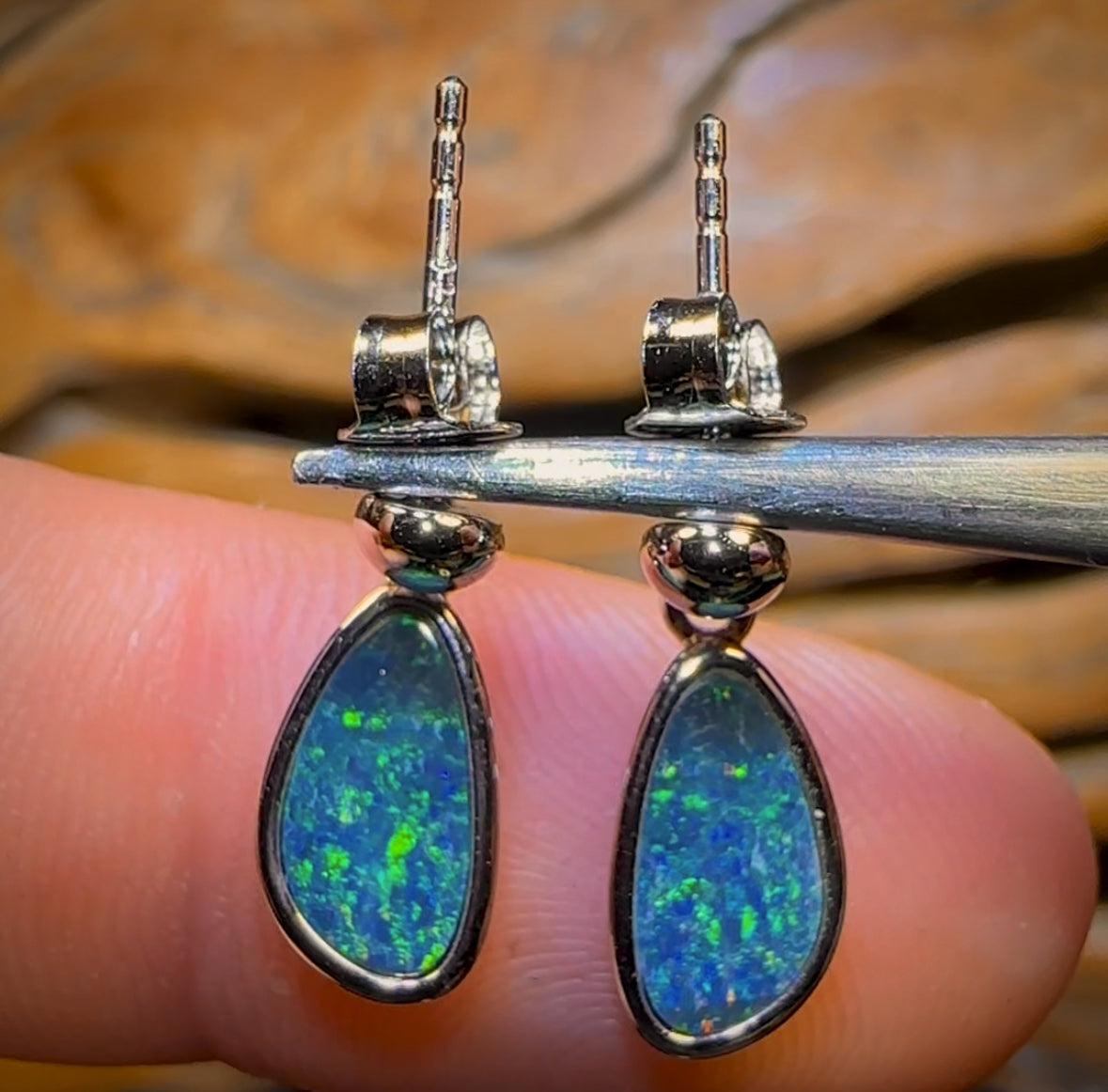 Sterling Silver - Australian Boulder Opal Doublet Drop Stud Earrings