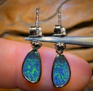 Sterling Silver - Australian Boulder Opal Doublet Drop Stud Earrings