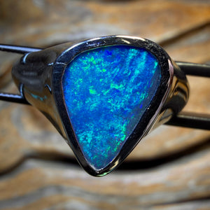 Sterling Silver - Large Queensland Boulder Opal Doublet Ring. MEN / UNISEX