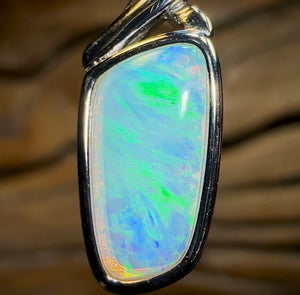 Sterling Silver - Solid South Australian Crystal Opal Pendant. “Green Flames”