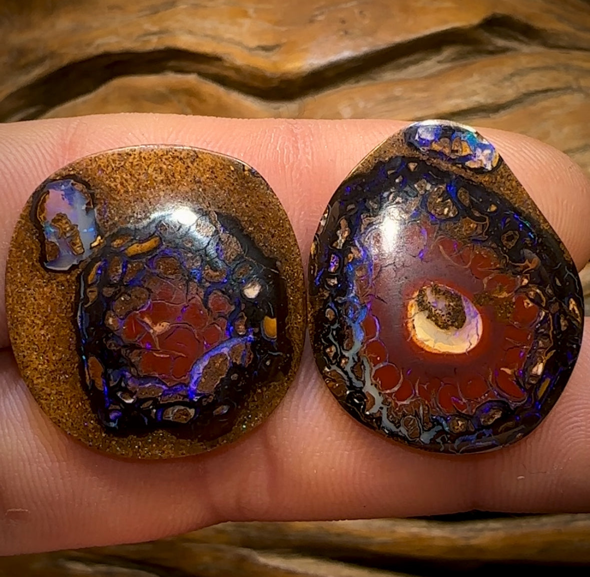 38.7cts - Tribal Queensland Boulder Opal Pair. Partial Crystal Centre