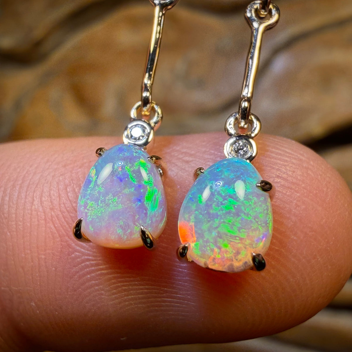 14k Gold - South Australian Top Crystal Opal Drop Stud Diamond Earrings