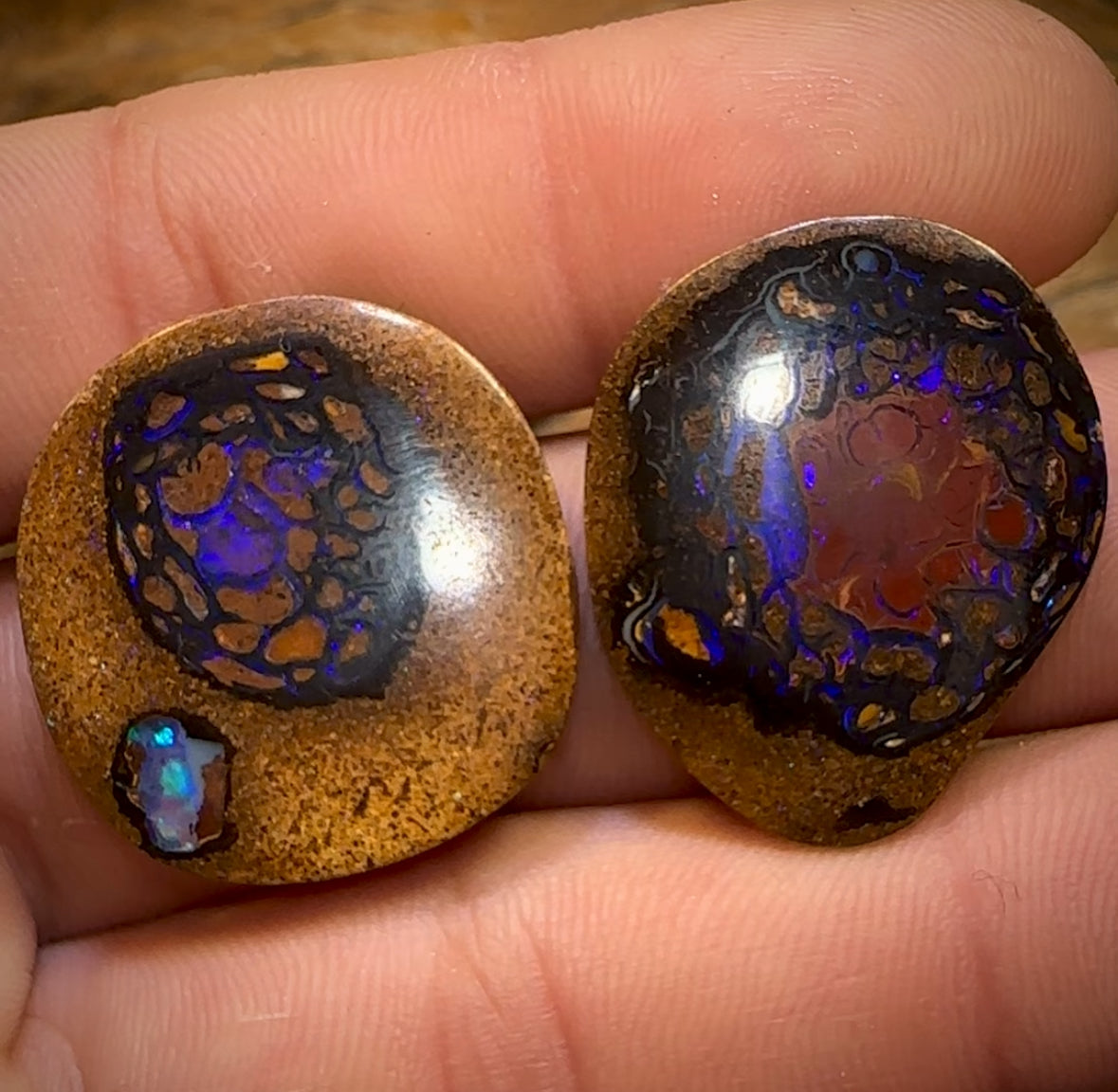 38.7cts - Tribal Queensland Boulder Opal Pair. Partial Crystal Centre