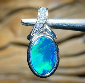 14k White Gold - Queensland Boulder Doublet Opal Diamond Pendant - Opal Whisperers