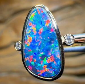 14k Gold - Queensland Boulder Opal Doublet Ring with Diamonds Red Fire - Opal Whisperers