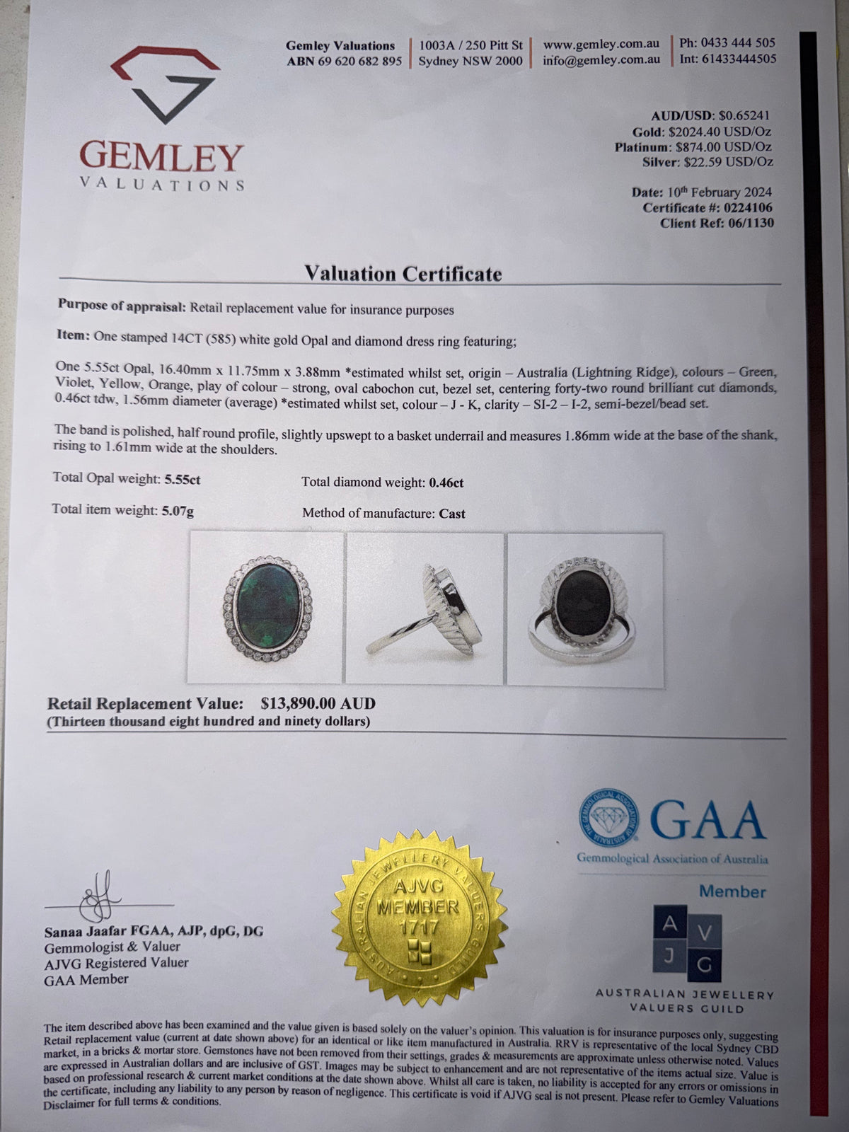 14k White Gold - Solid Lightning Ridge Black Opal Ring