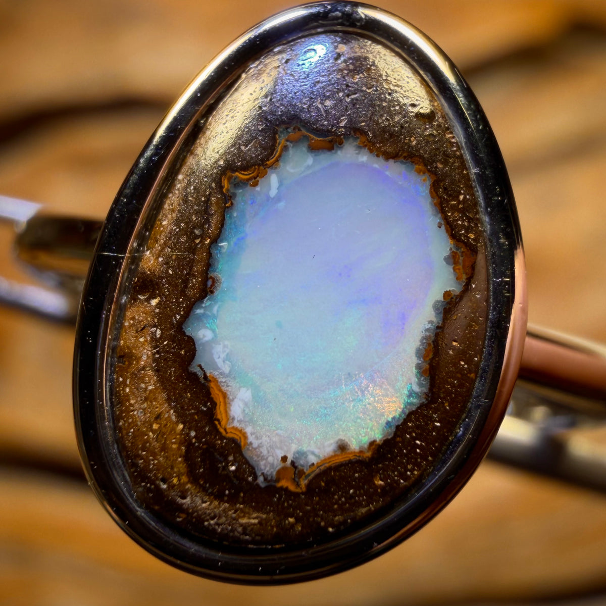 Sterling Silver - Solid Queensland Boulder Opal Ring Crystal Center