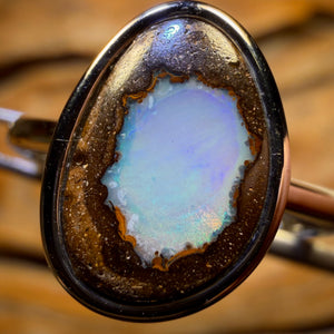 Sterling Silver - Solid Queensland Boulder Opal Ring Crystal Center