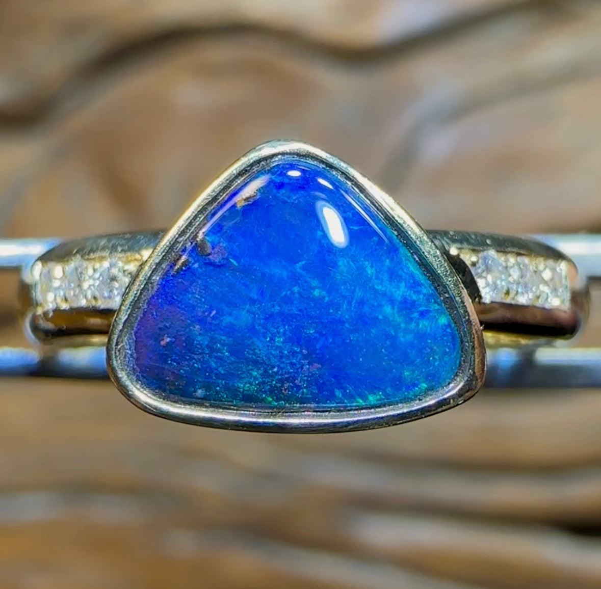 14k Gold - Solid Queensland Boulder Opal Ring with Diamonds - Opal Whisperers
