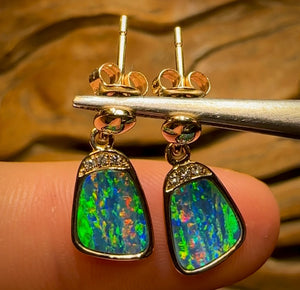 14k Gold and Diamonds - Queensland Boulder Doublet Earrings - Opal Whisperers