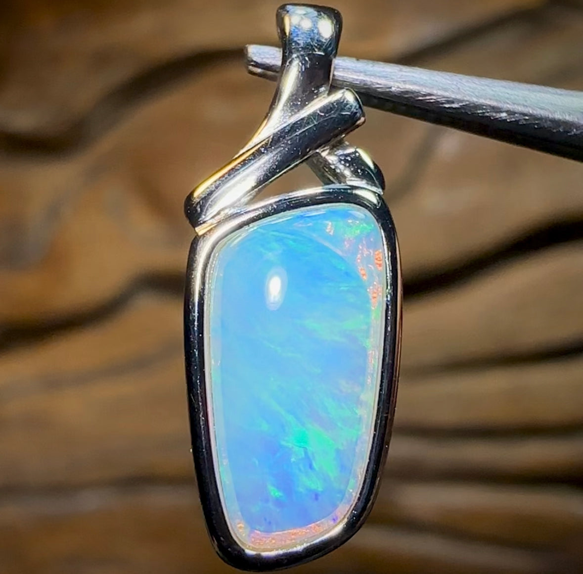 Sterling Silver - Solid South Australian Crystal Opal Pendant. “Green Flames” - Opal Whisperers