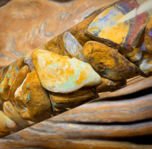 121,8 ct – Phiole mit Yowah-Nussopal-Rohstein und fossilem Opal