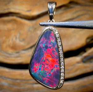 14k Gold - Queensland Boulder Opal Doublet Pendant Best Red Broad  Flash with Diamonds New 2026