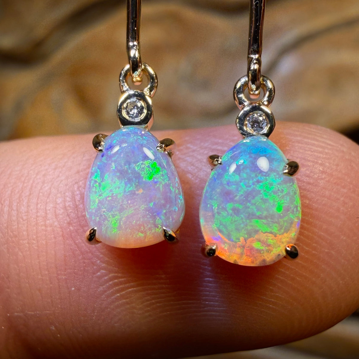 14k Gold - South Australian Top Crystal Opal Drop Stud Diamond Earrings