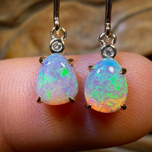14k Gold - South Australian Top Crystal Opal Drop Stud Diamond Earrings