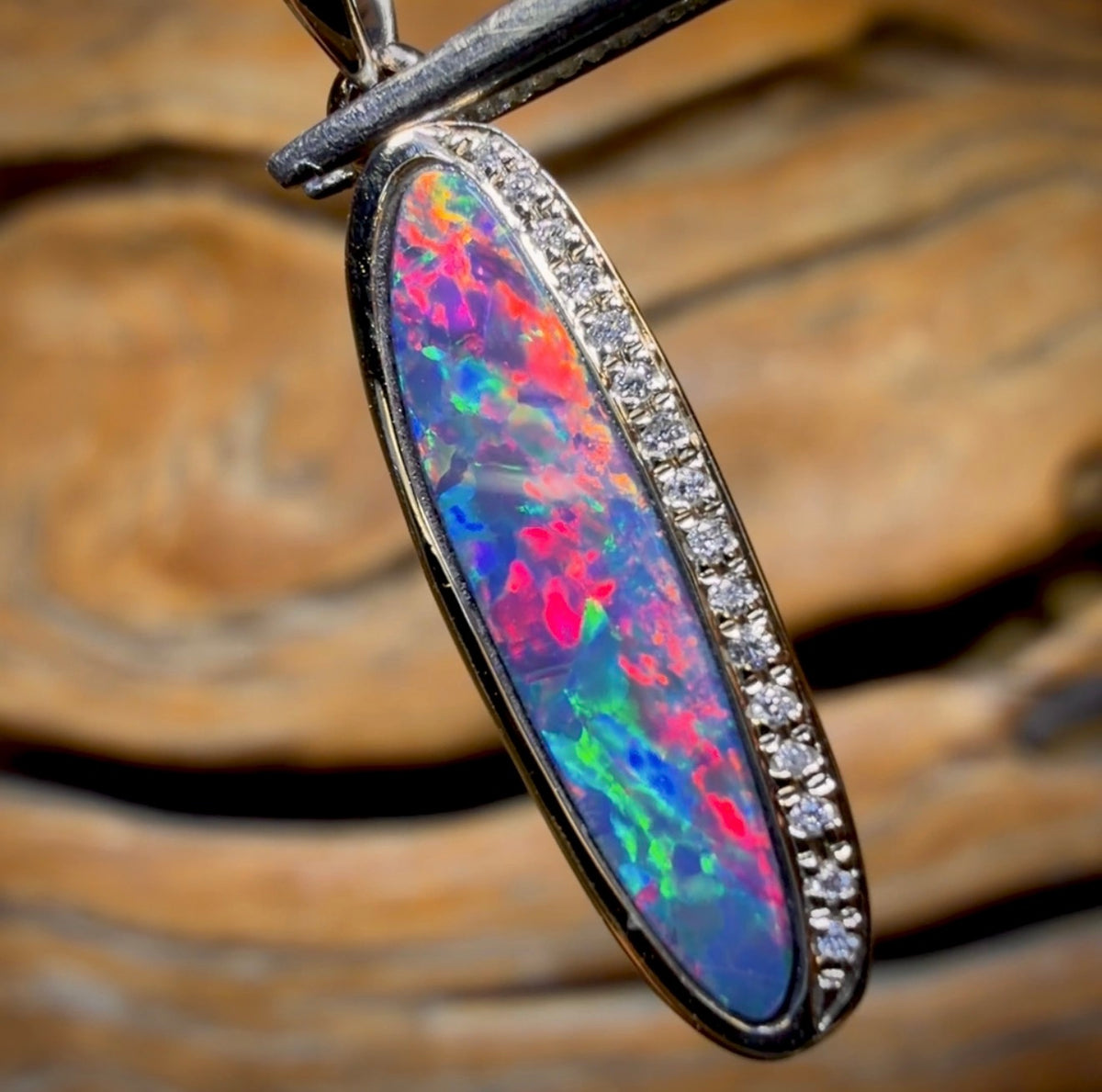 14k Gold - Queensland Boulder Opal Doublet Pendant Top Red Multi Fire with Diamonds New 2026