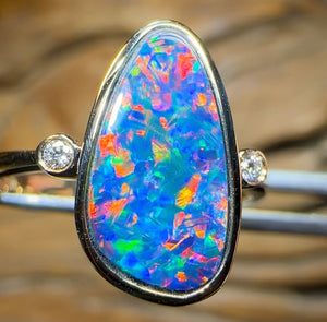 14k Gold - Queensland Boulder Opal Doublet Ring with Diamonds Red Fire - Opal Whisperers