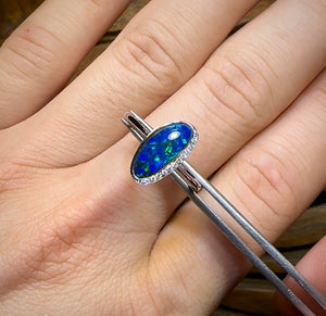 14k White Gold - Queensland Boulder Opal Doublet Ring with Diamonds - Opal Whisperers