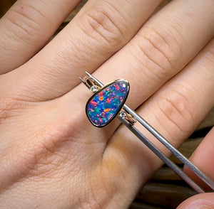 14k Gold - Queensland Boulder Opal Doublet Ring with Diamonds Red Fire - Opal Whisperers