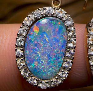 9k Gold - Australian Boulder Opal Doublet Hook Earrings with White Sapphires.