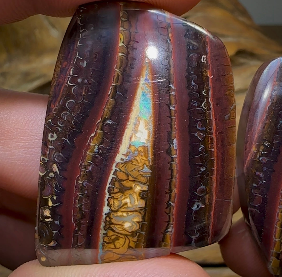 244.5cts - “Twin Caves” Koroit Nut Opal. TRIBAL PATTERN Picture Landscape Pair - Opal Whisperers