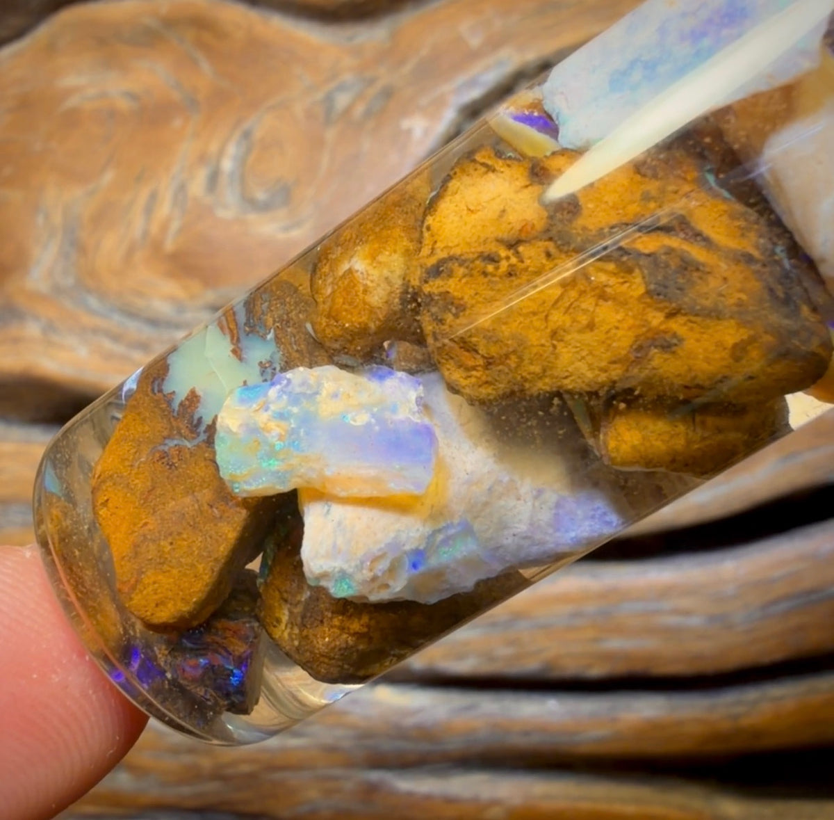 122,3 ct – Phiole mit Yowah-Nussopal-Rohstein und fossilem Opal