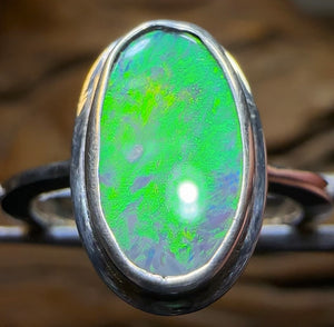 Sterling Silver - Green and Gold Solid Lightning Ridge Black Opal Ring - Opal Whisperers