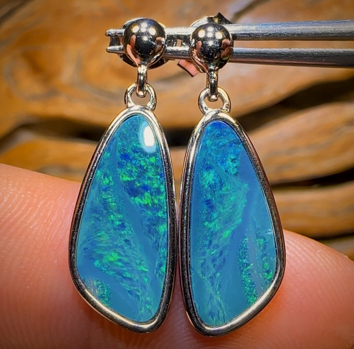 Sterling Silver - Large Australian Boulder Opal Doublet Drop Stud Earrings