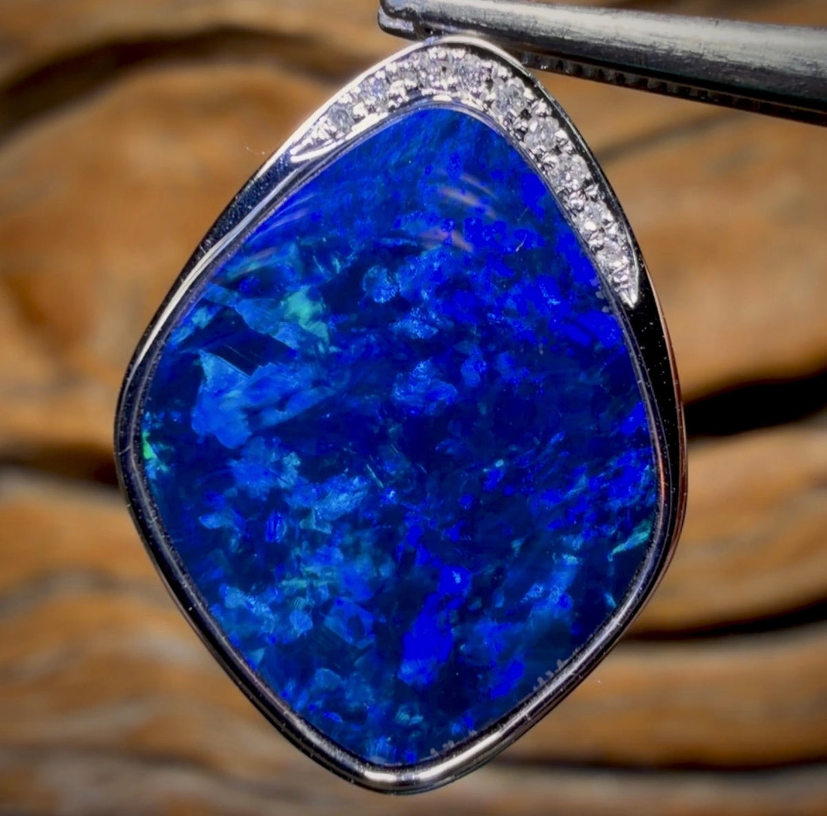 14k White Gold - Large Queensland Boulder Opal Doublet Pendant Top Ming Blue with Diamonds New 2026