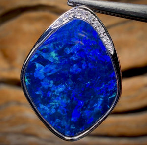 14k White Gold - Large Queensland Boulder Opal Doublet Pendant Top Ming Blue with Diamonds New 2026