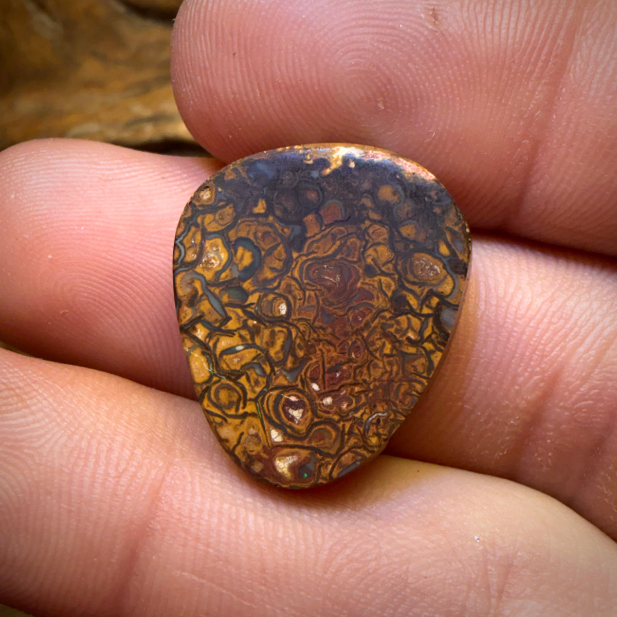20,8 ct – Yowah-Nussopal. Weißes Porzellan mit Stammesmuster.