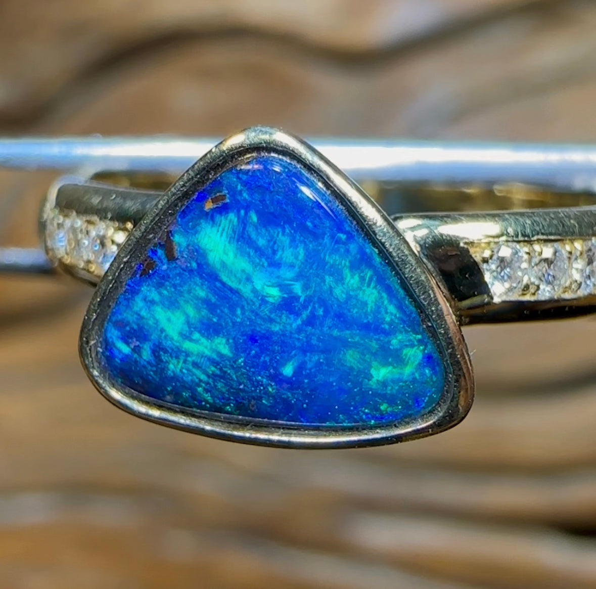 14k Gold - Solid Queensland Boulder Opal Ring with Diamonds - Opal Whisperers