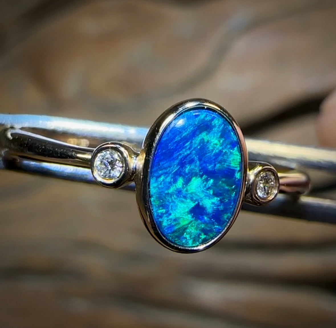 14k Gold - Queensland Boulder Doublet Opal Ring with Diamonds - Opal Whisperers