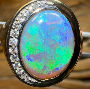 9k Gold - Large Solid Lightning Ridge Crystal Opal Ring with Diamonds Heritage Collection - Opal Whisperers