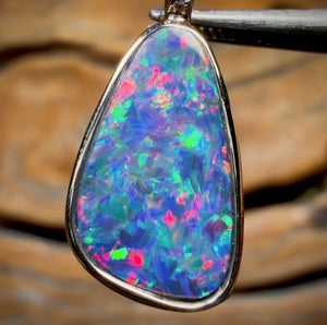 14k Gold -Queensland Boulder Opal Doublet Pendant Top Red Multi Fire with Diamonds New 2026